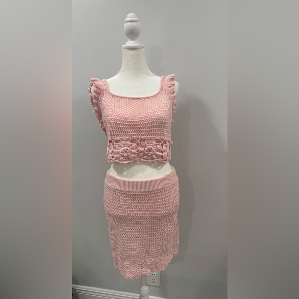 MAJORELLE Pink Crochet Skirt Set Resort Wear
